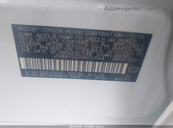 JTHBA1D27G5010558 2016 LEXUS IS 200T White Շարժիչի բաժամունքի տեսք