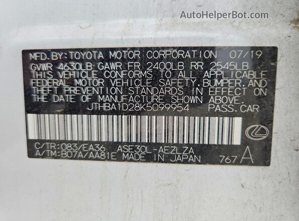 JTHBA1D28K5099954 2019 LEXUS IS White Вид підкапотного простору