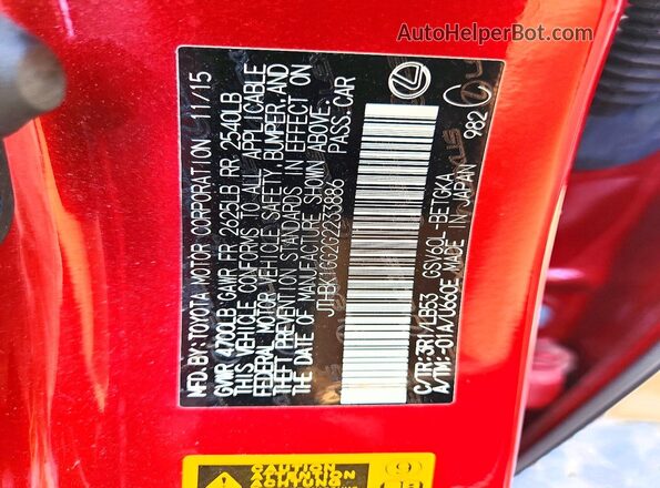 JTHBK1GG2G2233886 2016 LEXUS ES Бордовый Вид наклейки с VIN-кодом