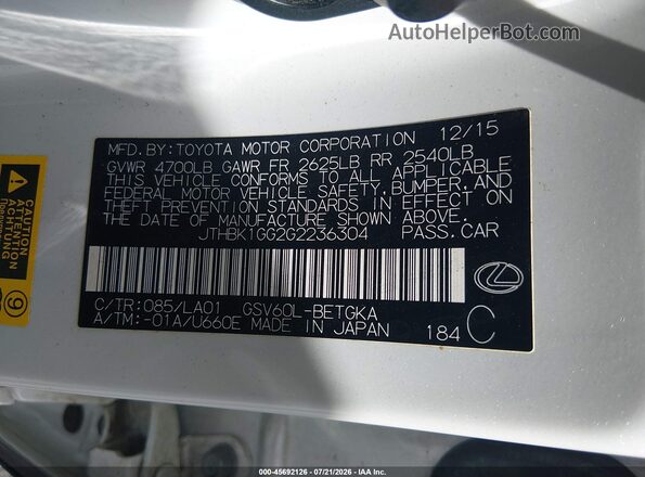 JTHBK1GG2G2236304 2016 LEXUS ES 350 White Շարժիչի բաժամունքի տեսք