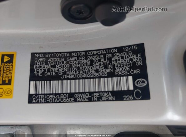 JTHBK1GG4G2238703 2016 LEXUS ES 350 White Widok komory silnika