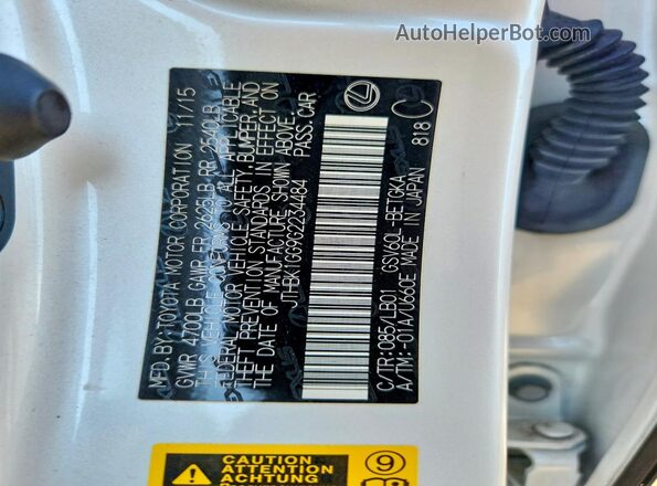 JTHBK1GG9G2234484 2016 LEXUS ES Белый Вид наклейки с VIN-кодом