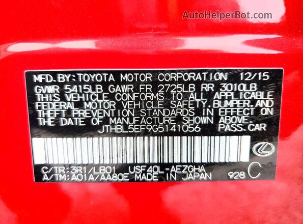 JTHBL5EF9G5141056 2016 LEXUS LS Red VIN կոդի պիտակի տեսք