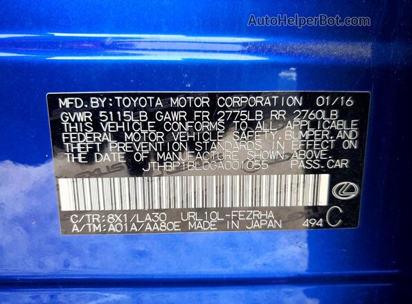JTHBP1BL0GA001055 2016 LEXUS GS Blue Widok naklejki z numerem VIN