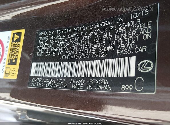 JTHBW1GG2G2109122 2016 LEXUS ES 300H Brown Widok komory silnika