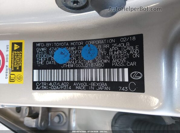 JTHBW1GG3J2187450 2018 LEXUS ES 300H Gold Vista del compartimento del motor