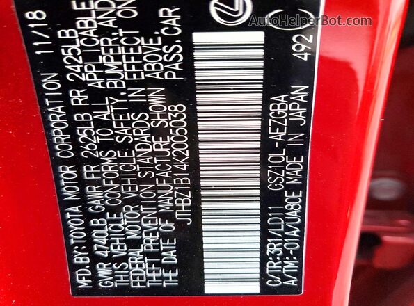 JTHBZ1B14K2005038 2019 LEXUS ES Red Вид підкапотного простору