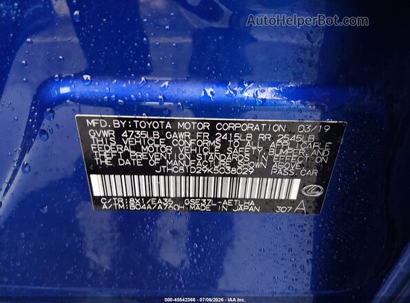 JTHC81D29K5038029 2019 LEXUS IS 300 Blue Vista del compartimento del motor