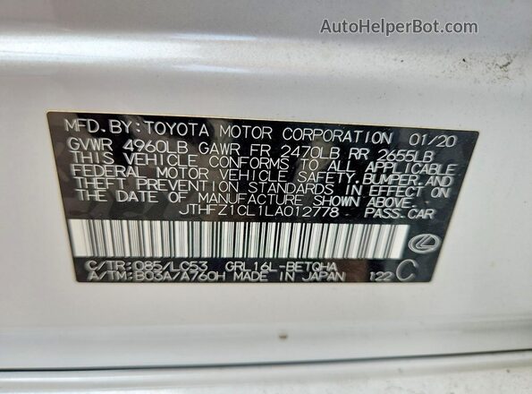 JTHFZ1CL1LA012778 2020 LEXUS GS White VIN կոդի պիտակի տեսք