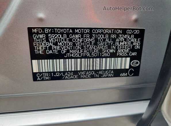 JTHG5LFF9L5011260 2020 LEXUS LS Silver VIN կոդի պիտակի տեսք