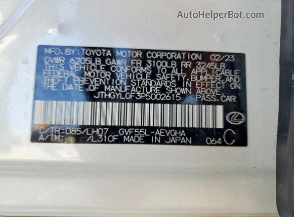 JTHGYLGF3P5002615 2023 LEXUS LS White Vista de la etiqueta del VIN