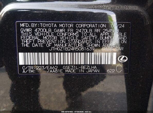 JTHGZ1B24R5081639 2024 LEXUS IS 350 Black ძრავის განყოფილების ხედი