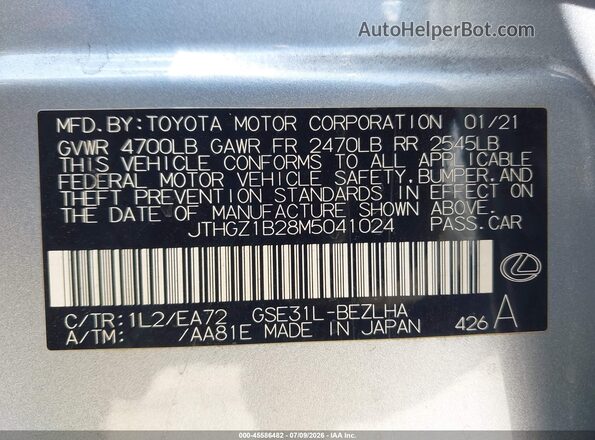 JTHGZ1B28M5041024 2021 LEXUS IS 350 Silver Շարժիչի բաժամունքի տեսք