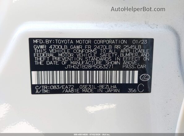 JTHGZ1B28P5063271 2023 LEXUS IS 350 White Вид підкапотного простору
