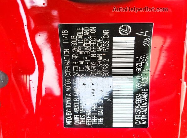 JTHHZ5BC9K5019812 2019 LEXUS RC Red Vista de la etiqueta del VIN