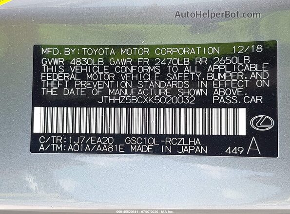 JTHHZ5BCXK5020032 2019 LEXUS RC 350 Silver Vista del compartimento del motor