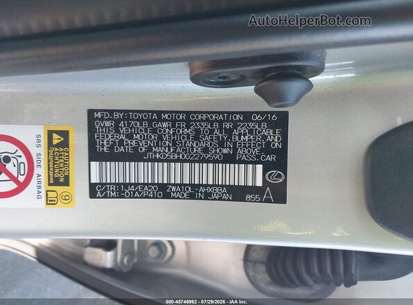 JTHKD5BH0G2279590 2016 LEXUS CT 200H Silver Engine compartment view