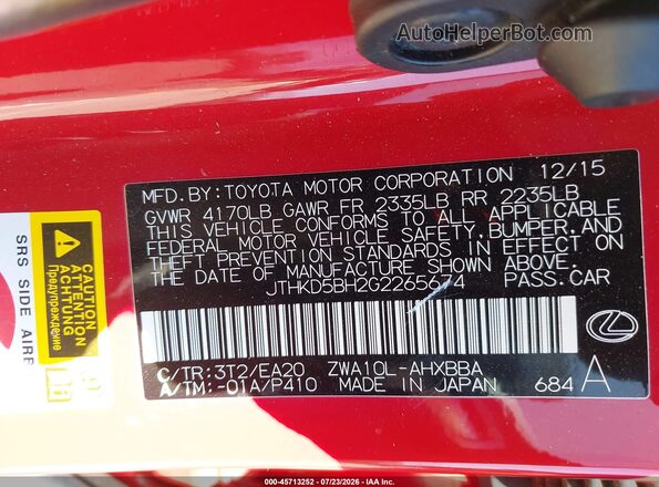 JTHKD5BH2G2265674 2016 LEXUS CT 200H Red Շարժիչի բաժամունքի տեսք
