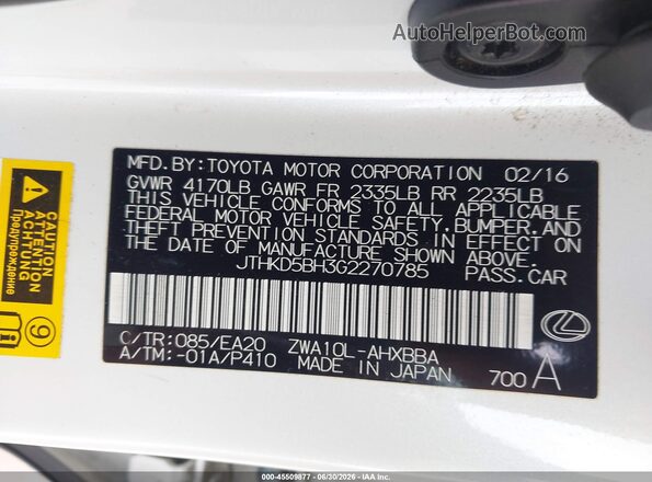 JTHKD5BH3G2270785 2016 LEXUS CT 200H White Engine compartment view