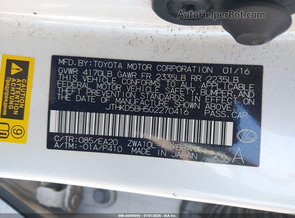 JTHKD5BH5G2270416 2016 LEXUS CT 200H White Widok komory silnika