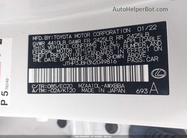 JTHP3JBH3N2049816 2022 LEXUS UX 200 White Widok komory silnika