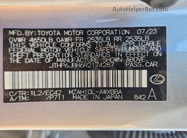 JTHP6JBH6R2174287 2024 LEXUS UX Silver VIN կոդի պիտակի տեսք