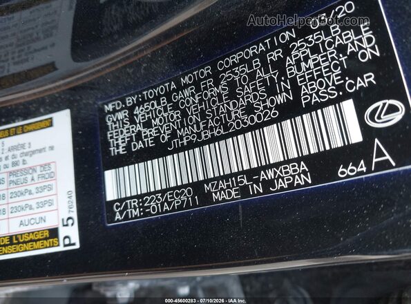 JTHP9JBH6L2030026 2020 LEXUS UX 250H Black ძრავის განყოფილების ხედი