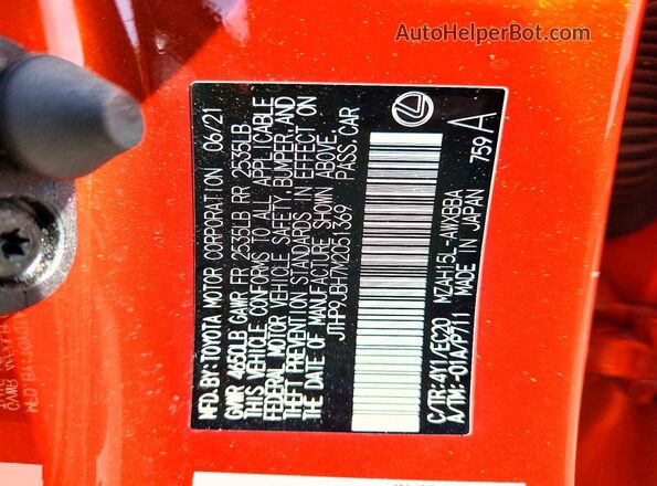 JTHP9JBH7M2051369 2021 LEXUS UX Orange Вид підкапотного простору