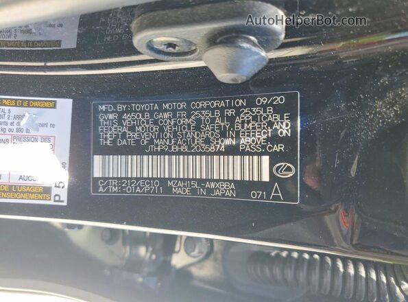 JTHP9JBH8L2035874 2020 LEXUS UX Black Vista de la etiqueta del VIN