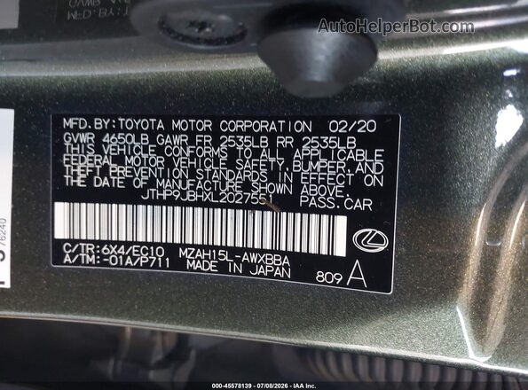 JTHP9JBHXL2027551 2020 LEXUS UX 250H Green Widok komory silnika
