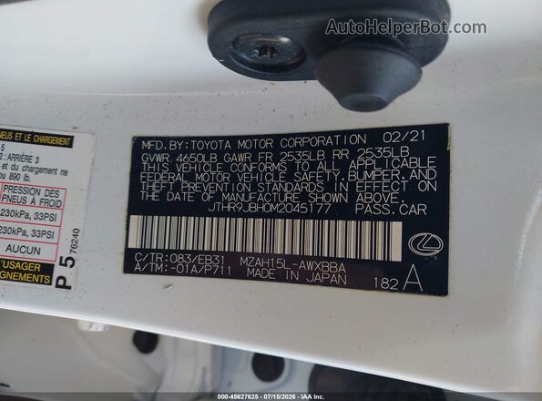 JTHR9JBH0M2045177 2021 LEXUS UX 250H White Engine compartment view