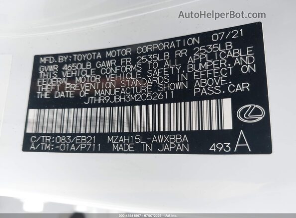 JTHR9JBH3M2052611 2021 LEXUS UX 250H White Вид підкапотного простору