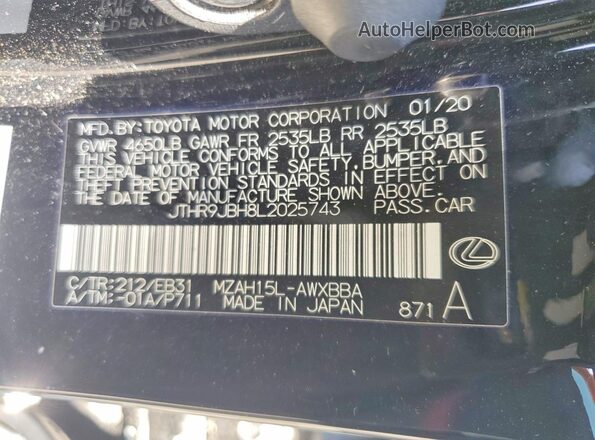 JTHR9JBH8L2025743 2020 LEXUS UX Black ძრავის განყოფილების ხედი