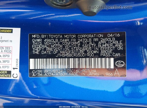 JTHSM5BCXG5001900 2016 LEXUS RC 300 Blue Widok komory silnika