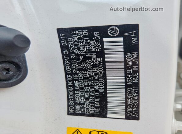 JTHU9JBH9K2007728 2019 LEXUS UX White Vista de la etiqueta del VIN