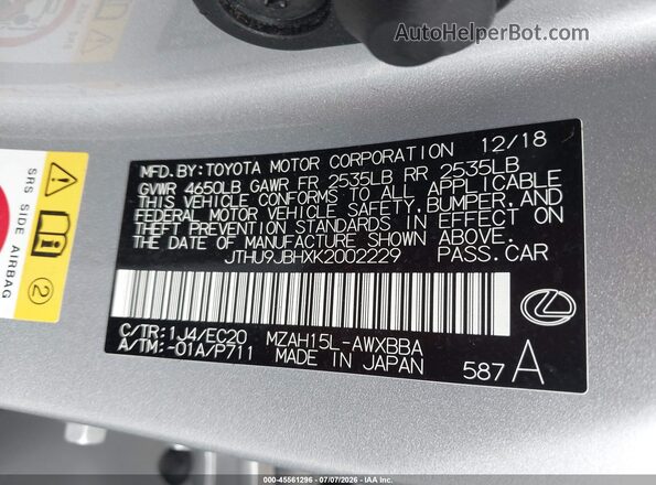 JTHU9JBHXK2002229 2019 LEXUS UX 250H Silver Widok komory silnika