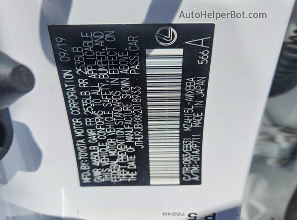 JTHU9JBHXK2018933 2019 LEXUS UX White VIN sticker view
