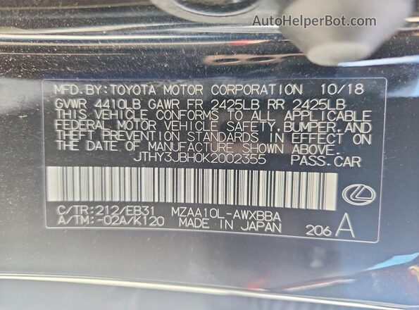 JTHY3JBH0K2002355 2019 LEXUS UX Black VIN sticker view
