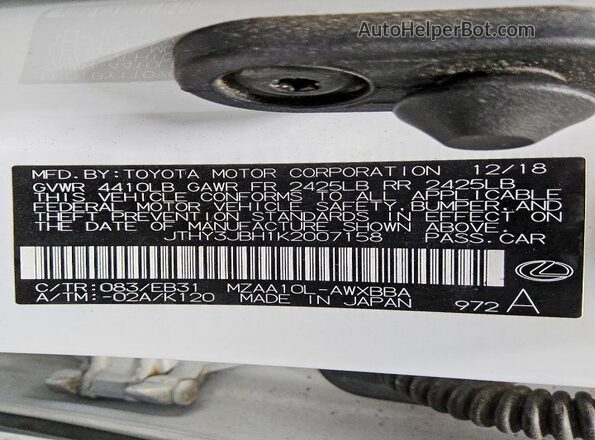 JTHY3JBH1K2007158 2019 LEXUS UX White VIN sticker view