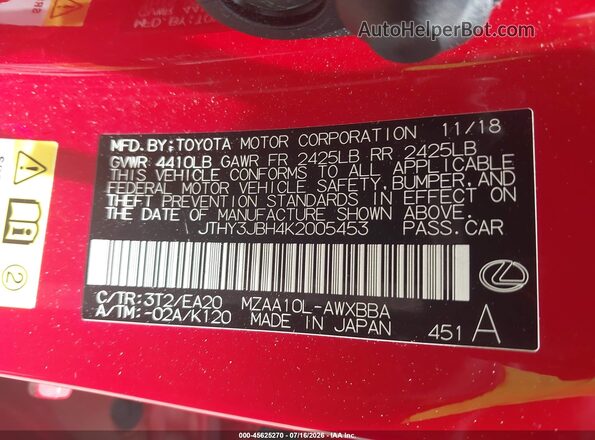 JTHY3JBH4K2005453 2019 LEXUS UX 200 Red Widok komory silnika
