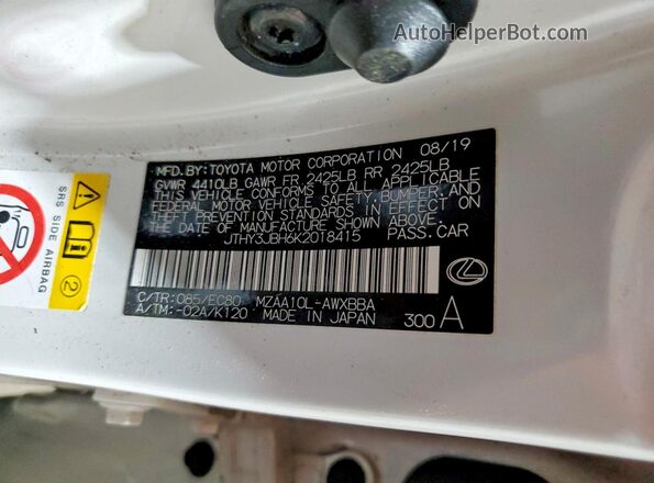 JTHY3JBH6K2018415 2019 LEXUS UX White Vista de la etiqueta del VIN