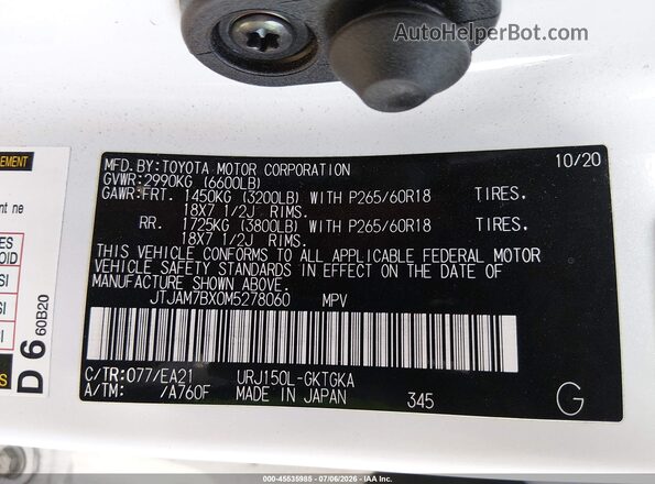 JTJAM7BX0M5278060 2021 LEXUS GX 460 White Вид підкапотного простору