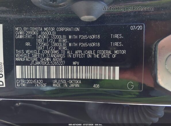 JTJAM7BX2L5265227 2020 LEXUS GX 460 Black Вид підкапотного простору