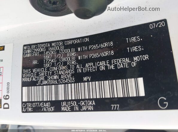 JTJAM7BX6L5264503 2020 LEXUS GX 460 White Engine compartment view