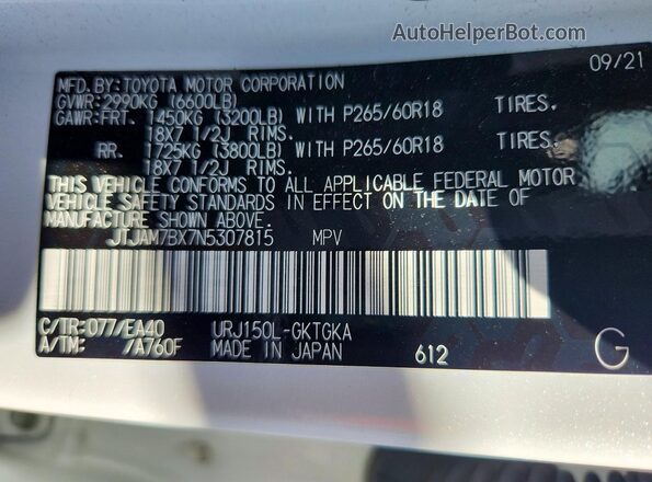 JTJAM7BX7N5307815 2022 LEXUS GX White Вид наклейки з VIN-кодом