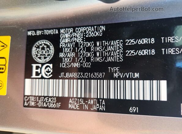 JTJBARBZ3J2163587 2018 LEXUS NX Silver Vista de la etiqueta del VIN
