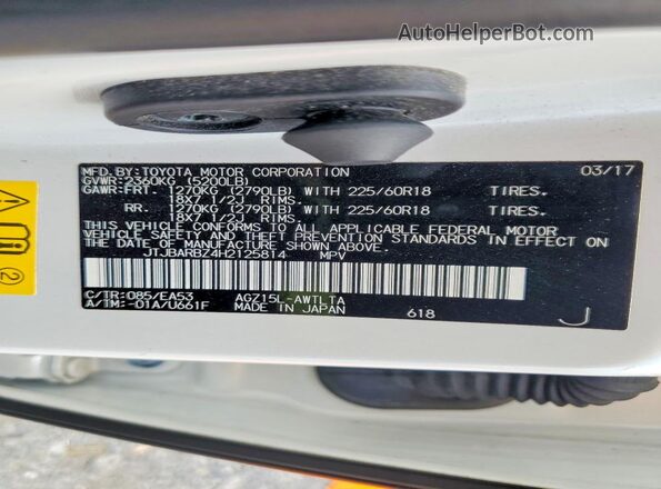 JTJBARBZ4H2125814 2017 LEXUS NX White Widok naklejki z numerem VIN
