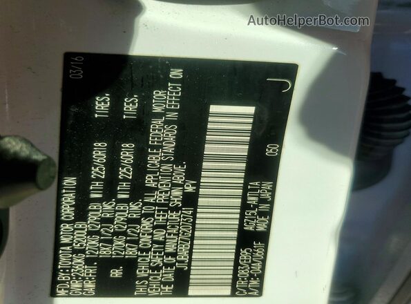 JTJBARBZ7G2073741 2016 LEXUS NX White Widok naklejki z numerem VIN