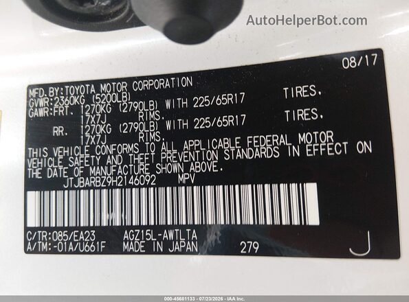 JTJBARBZ9H2146092 2017 LEXUS NX 200T White Widok komory silnika