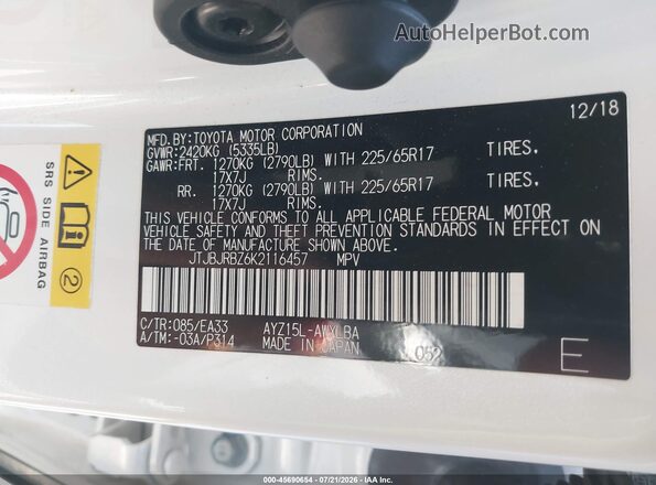 JTJBJRBZ6K2116457 2019 LEXUS NX 300H White ძრავის განყოფილების ხედი